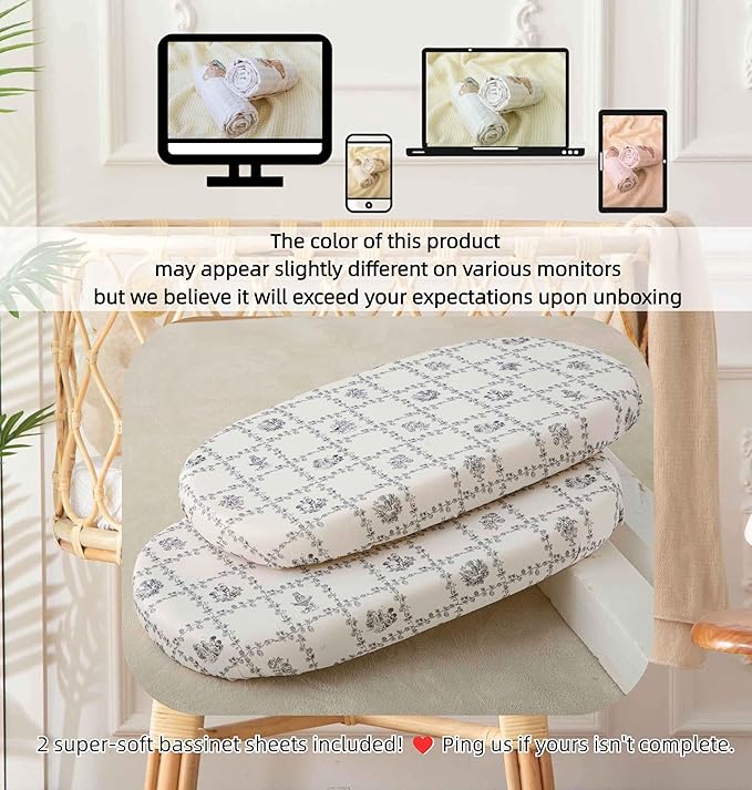 SDY Jersey Floral Bassinet Sheets for Baby Boys and Girls,32 "x 16 "x 4",2 Pack,Neutral Flower Standard Oval/Retangle Bassinet Mattress Sheets for Toddler,Super Soft Breathable