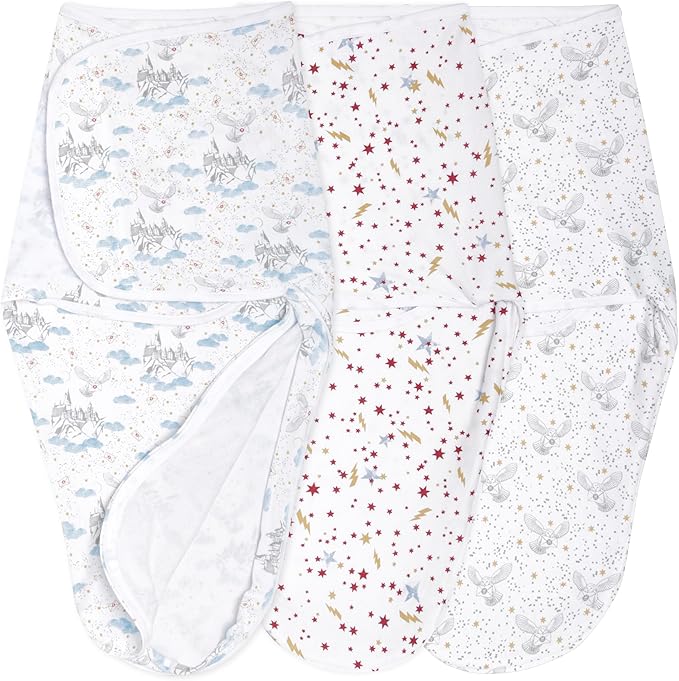 aden + anais Essentials Easy Swaddle Wrap Quick Change with Bottom Zipper, Snug Cotton Knit Baby Wrap Swaddle Blanket for Newborns, TOG 1.0, 3-Pack, Harry Potter, 0-3 Months, Small/Medium