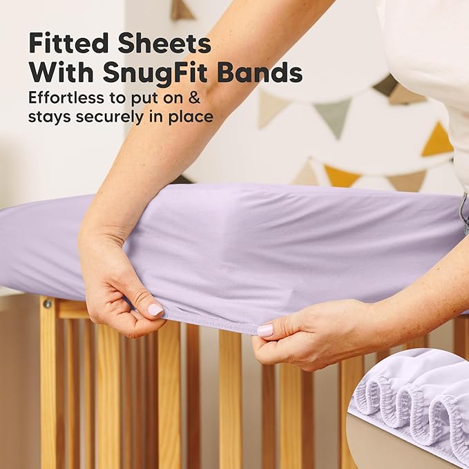 2-Pack Waterproof Crib Mattress Protector Cover Fitted - Quiet Baby Crib Mattress Pad Sheets, 52" x 28" Soft Quilted Cotton Baby Sheet, Machine Washable, Easy Fit, Durable (Lilac/Quin)