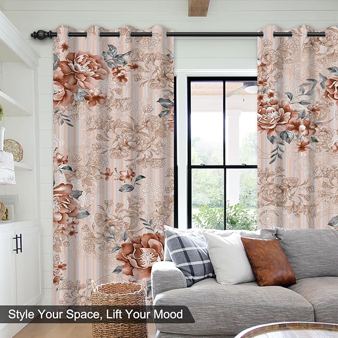 Blackout Curtains for Bedroom 84 Inch Length 2 Panels Set, Beige Pink Floral Black Out Curtains for Girls Room Darkening, Light Filtering Soundproof Grommet Thermal Winter Curtains for Living Room