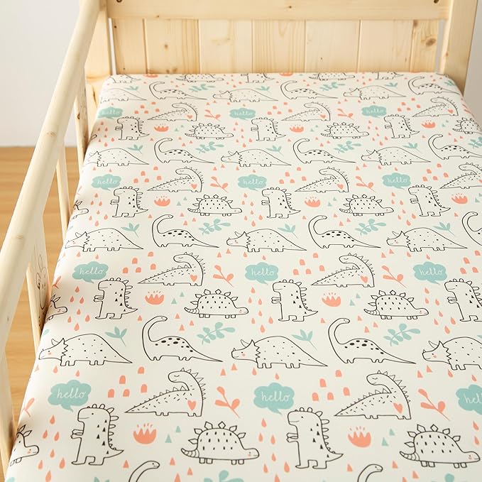 SDIII Dinosaur Pack N Play Sheets Fitted 2 Pack Stretchy Microfiber Jersey Knit Dino Mini Crib Sheets for Mattress 38x26 Soft Toddler Playard Bedding