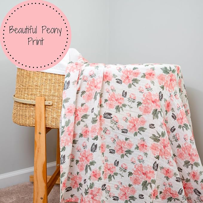 LollyBanks Muslin Swaddle Blankets for Girls, Large 47 x 47 Inches Soft Swaddles for Newborns, 100% Cotton Breathable and Lightweight Baby Blanket, Baby Essentials, Registry (Pink Peony Print)