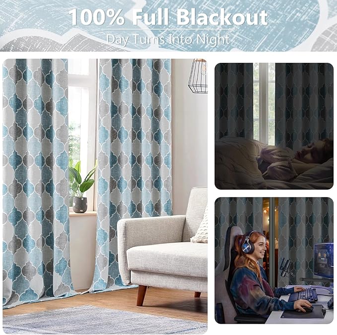 Moroccan 100% Blackout Curtains 63 Inches Long for Bedroom Gray Blue Geo Lattice Window Curtain Panels Room Darkening Thermal Insulated Noise Reducing Grommet Top Drapes, 52" W, 2panels