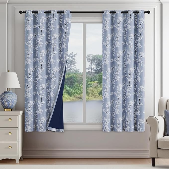 FMFUNCTEX 100% Blackout Floral Curtains for Bedroom, Blue Curtains 54 inch Length Blossom Flower Patterned for Living Room, Thermal Insulated Farmhouse Drapes, Grommet Top 2 Panels (White on Blue)