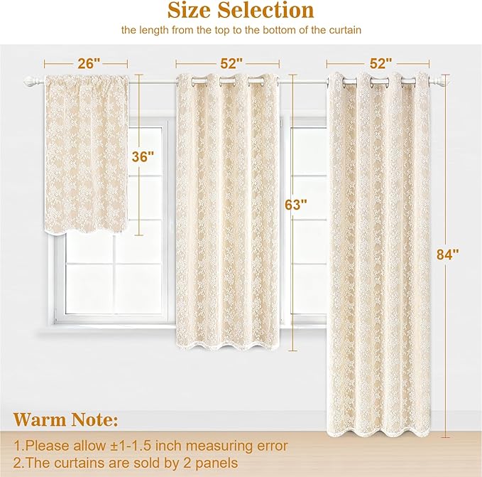 Yinhua Blackout Curtains for Bedroom Double Layer Beige Curtains for Living Room 84 Inch Length 2 Panels Set Kid Curtain with Floral Sheer Overlay, Grommet Drapes with Tiebacks, 52" W x 63" L