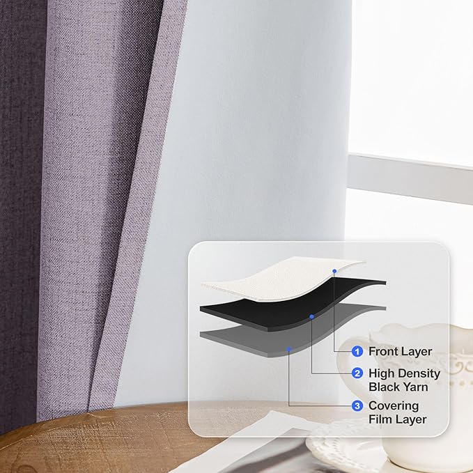 Linen 100% Blackout Curtains for Bedroom, Room Darkening Curtains for Living Room, 108 Inch Blackout Curtains, Extra Long Curtain Grommets Drapes, Thermal Curtains (2 Panels, Purple)