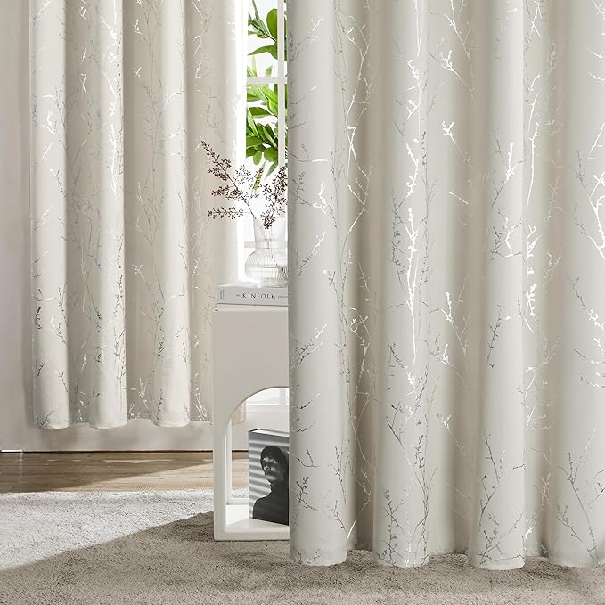 Deconovo Short Curtains, Room Darkening Curtain Beige, Thermal Insulated Soundproof Drapes, Silver Branch Print, 42 x 45 Inch, Machine Washable Window Panels for Living Room Office Kitchen, Set of 2