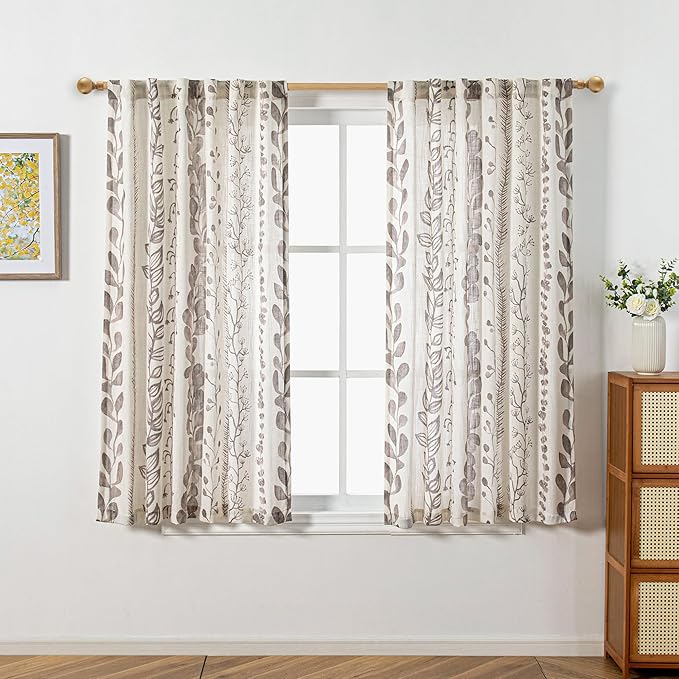 MEETSKY Boho Curtains 2 Panels Curtains 63 Inches Long Boho Linen Style Curtains for Living Room Semi-Sheer Back Tab Drapes Light Filtering Rod Pocket Window Curtains 2 Panels, Brown