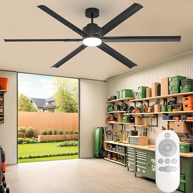 JAYNLT 82 Inch Ceiling Fan with Light,High CFM Industrial LED Fan Lights with 6 Aluminium Blades,Remote Control, Air Reversible 6 Speed 3 Colors Noiseless DC Motor for Warehouse,Farm