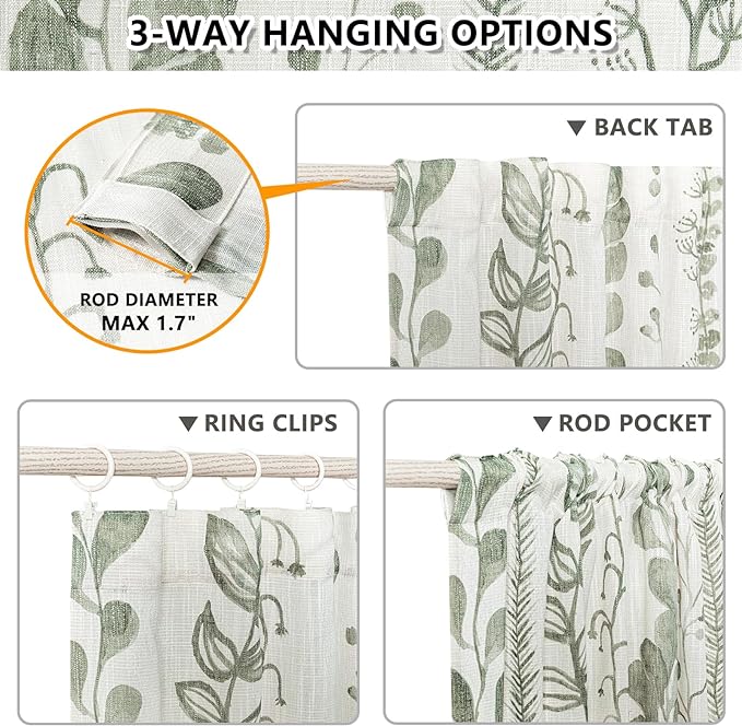 MEETSKY Sage Green Curtains 63 Inches Long Boho Curtains for Living Room Bedroom Semi-Sheer Linen Style Back Tab Drapes Light Filtering Leaf Printed Window Curtain, 50” Wide Each Panel, 2 Panels