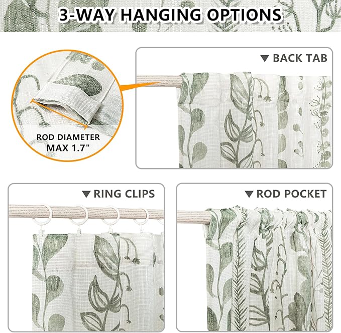 MEETSKY Sage Green Curtains 95 Inches Length 2 Panels Boho Curtains for Living Room Light Filtering Patterned Drapes for Bedroom Linen Style Back Tab Leaf Print Window Treatment, 50” Wide Each Panel