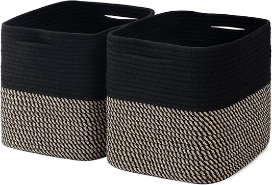 Cube Storage Bin 11" x 10.5" x 10.5" Cotton Rope Basket Square Woven Storage Basket for Shelves, Closet Organizer, Soft Towel Sock Basket, Black/Brown, 2 Pack