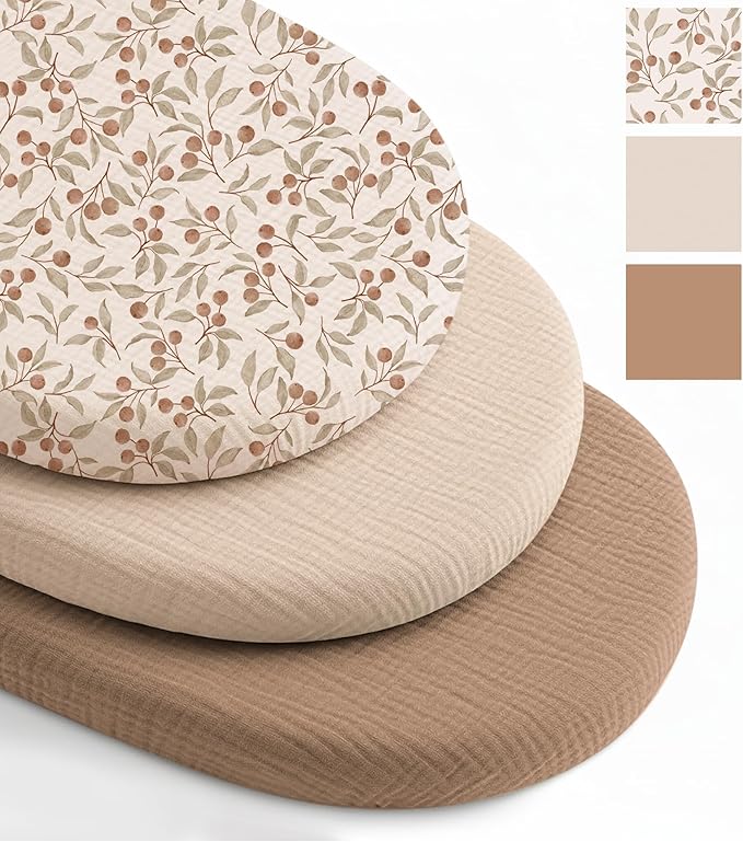 Niceye Muslin Baby Bassinet Sheets 3-Pack 100% Cotton (33" x 15") Sleeper Bassinet Fitted Sheets for Oval & Hourglass Mattresses, Unisex for Baby Girl/Boy (Khaki)