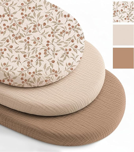 Niceye Muslin Baby Bassinet Sheets 3-Pack 100% Cotton (33" x 15") Sleeper Bassinet Fitted Sheets for Oval & Hourglass Mattresses, Unisex for Baby Girl/Boy (Khaki)