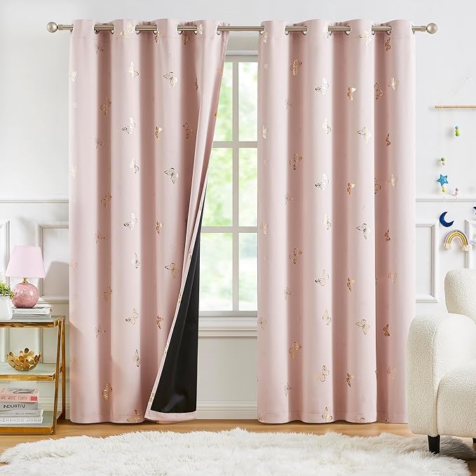 Jubilantex Pink Gold Butterfly Blackout Curtains 84 Inches Long with Black Layer Thermal Insulated Window Curtains Grommet Top for Bedroom Girls Room