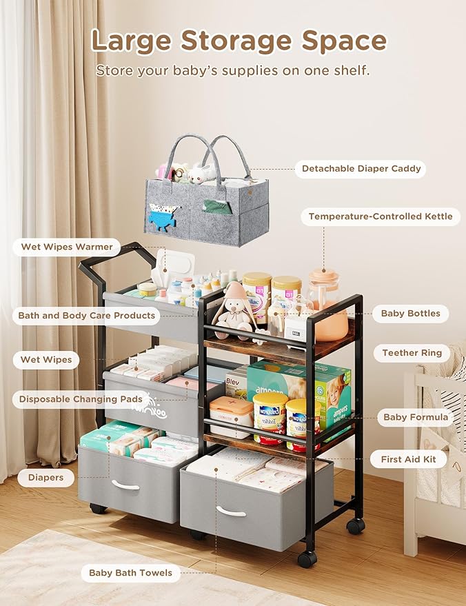 Baby Diaper Caddy Organizer, 3 Tier Rolling Storage Cart with Dividers and Drawers, Bedside Utility Cart for Nursery Essentials, Large Capacity Mobile Storage Cart for Crib, Bedroom