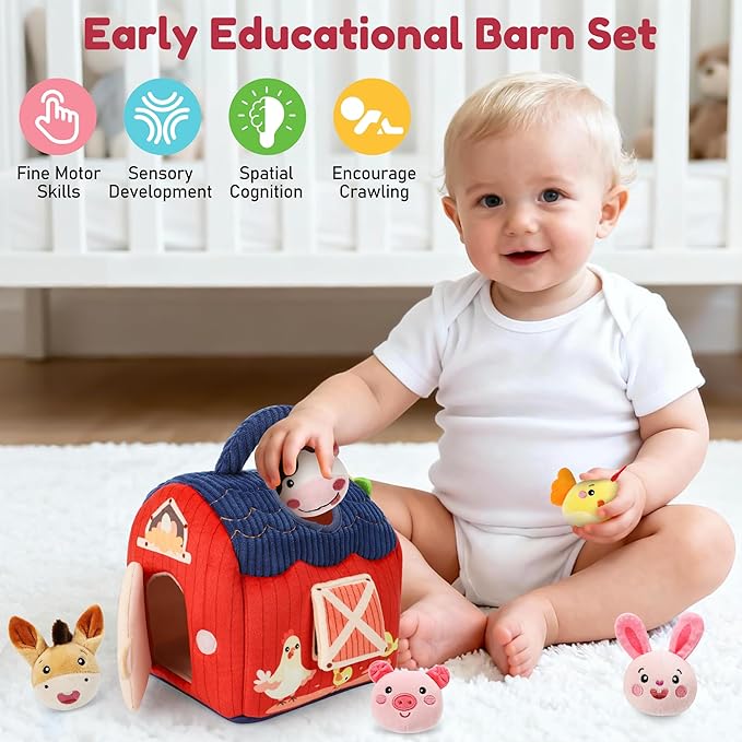 Baby Toys 6-12 Months, Montessori Sensory Barn Toys for Babies 3-6 7 8 9 10 12 18 Months, Stuffed Farm Animal Toys for Toddlers 1-3, Infant Toys Christmas Gifts for 1 2 Year Old Boys Girls