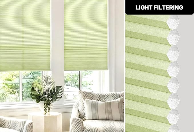 LazBlinds Cordless Cellular Shades, No Tools No Drill Light Filtering Honeycomb Shades Pleated Blinds for Windows, 22 1/2'' W x 64'' H, Green