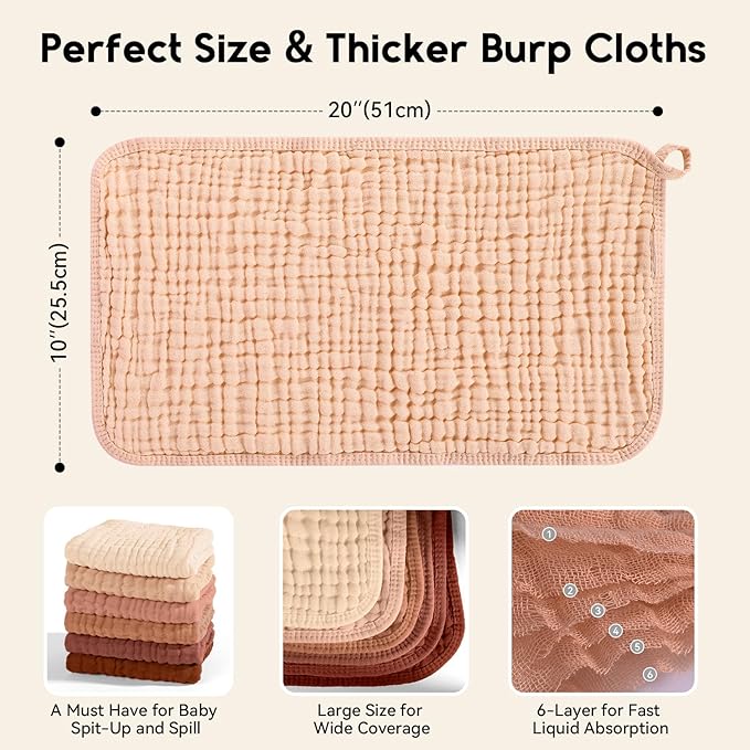 Unnivoll Muslin Burp Cloths for Baby 100% Cotton Burping Cloths for Boys Girls Large 20''X10'' Extra Soft and Absorbent 12 Pack - Gradient Caramel