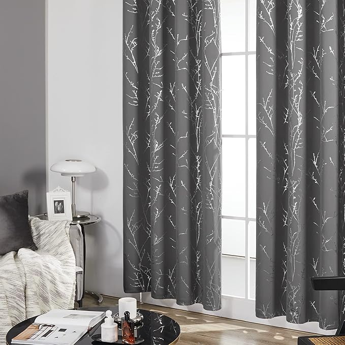 Deconovo Grey Blackout Curtains for Bedroom, Thermal Insulated Soundproof Drapes, Silver Branch Foil Print, 52 x 72 Inches Long, 2 Panels, Machine‑Washable Grommet Window Panel for Living Room Office