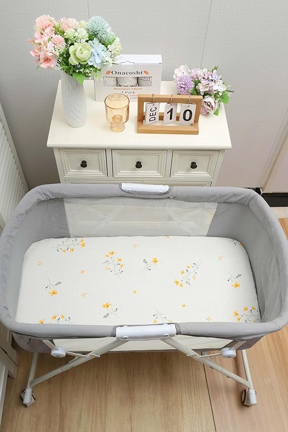 Onacosht Muslin Bassinet Sheets 3 Pack, 100% Cotton Baby Sheet 35" X 20" Compatiable with AMKE 3 in 1 Bassinets, MiClassic, Uiuwoo, Foalom, YADAQE, Milliard and TCBunny Bassinet, Leaf and Floral Beige