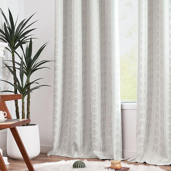 jinchan 95% Blackout Boho Curtains 96 Inches Long for Bedroom Living Room Silver Geometric Foil Printed Curtain Grommet Top Room Darkening Drapes Off White 52 x 96 2 Panels
