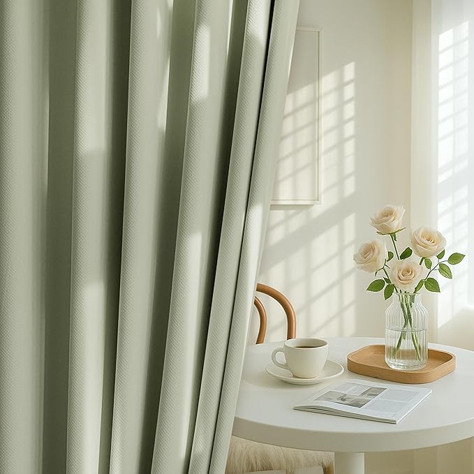 FMFUNCTEX 100% Blackout Curtains for Bedroom, Green Curtains 63 Inches Long Textured Thermal Insulated Curtains for Living Room Drapes, Black Out Drapery Grommet Room Darkening 2 Panels, 40" W x 84" L