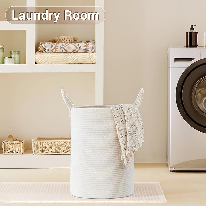 Tall Laundry Basket with Handles, 58L Portable Dirty Clothes Hamper, Boho Cotton Rope Storage Bin for Blankets Kids Toys Gifts, Decorative Organizer for Baby Nursery Bedroom Bathroom, White
