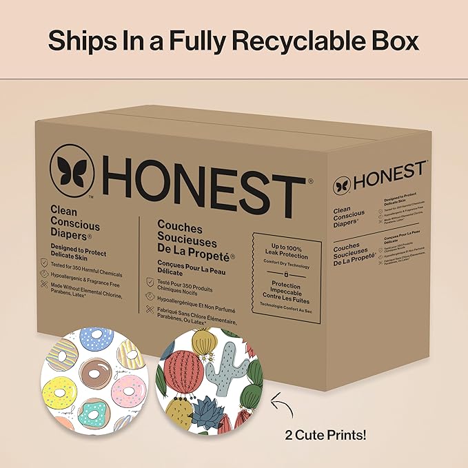 The Honest Company Comfort Dry Disposable Diapers for Sensitive Skin, Hypoallergenic, Fragrance-Free, Donut Grow Up + Cactus Cuties, Super Club Box, Size 4 (22-37 lbs), 104 Count