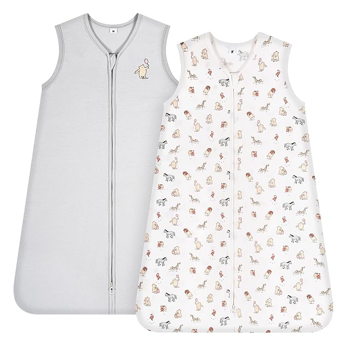 TILLYOU 2 Pack Baby Sleep Sack 12-18 Months 100% Cotton Wearable Blanket 0.5 TOG Sleeveless Summer Sleep Sacks with 2-Way Zipper, Bear Forest & Grey