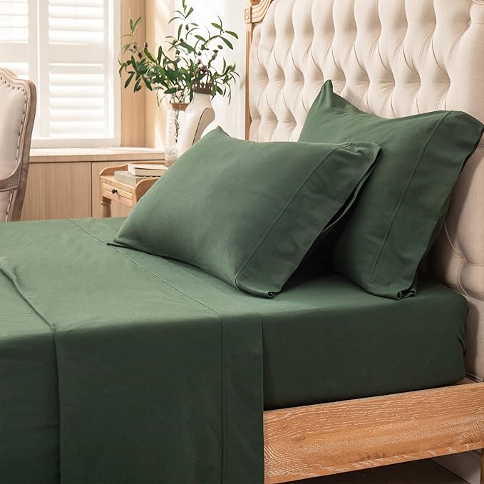 PURE ERA Jersey Knit 4pc Bed Sheet Set 100% T-Shirt Cotton Super Soft Comfy Breathable Fits Mattress Up to 20" Extra Deep Pocket (Solid Forest Green, King)