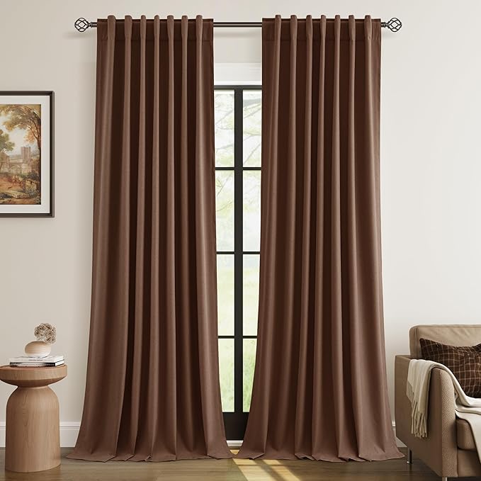 Guken 100% Blackout Curtains 108 Inch Length 2 Panels Set for Living Room Bedroom Back Tab Thermal Insulated Black Out Linen Drapes Room Darkening Window Curtains Rustic Brown 52x108