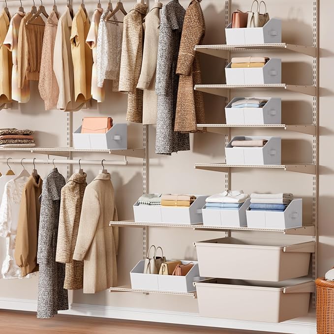 Storage Bins for Shelves - Small Trapezoid Closet Shelf Organizer, Fabric Organization Bins with Handles, Storage Baskets for Clothes, Towel, Purse, 6 Pack, White