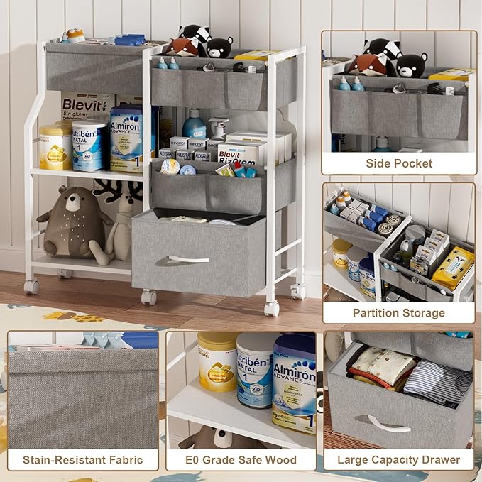 Baby Diaper Caddy Organizer and Storage, 3 Tier Rolling Cart with Dividers and Drawers, Mobile Utility Cart with Wheels for Nursery, Bedroom, Baby Newborn Essentials Storage Cart, White