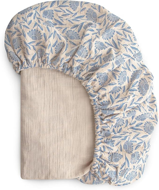 mushie Extra Soft Muslin Fitted Crib Sheet | 192 Thread Count | 28"x 52" (Blue Flowers)