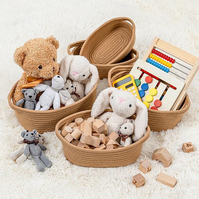 CubesLand Small Cotton Rope Storage Basket Set 5, Shelves Baskets for Organizing with Handle, Decorative Closet Storage Bins for Countertop Toilet Paper Basket for Toilet Tank Top,Brown Basket