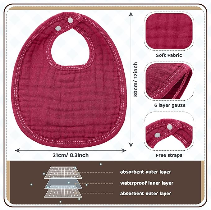 Frienda 8 Pcs Muslin Baby Bibs Cotton Bandana Drool Bibs Bulk for Newborn Infant 6 Absorbent Layers Feeding Accessory