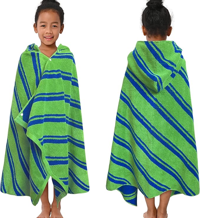 VOOVA & MOVAS Hooded Bath Towels for Kids (3-10Years,27.5"x55"),100% Cotton Absorbent Soft Towel Wrap for Toddler Boys,Perfect for Bathroom | Pool | Beach | Swimming, Jacquard Green Stripe
