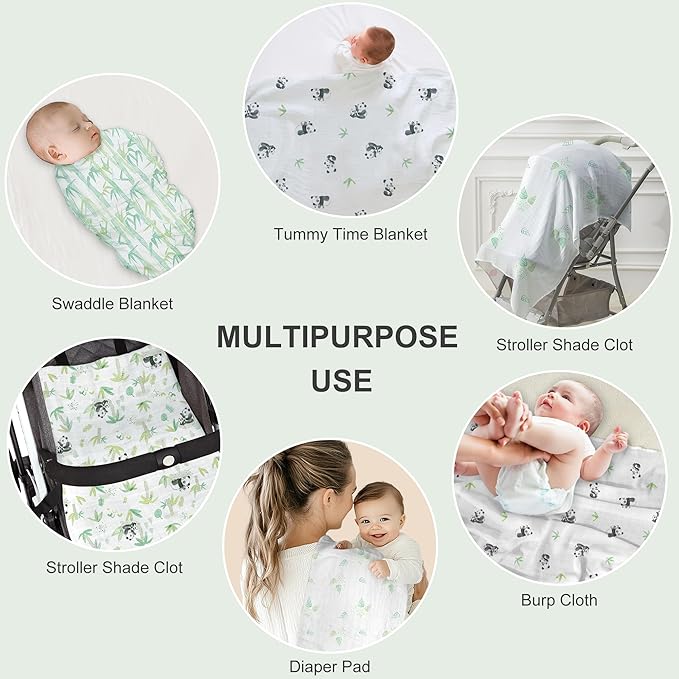 4-Pack Baby Swaddle Blankets, Soft & Breathable Muslin Swaddle for Newborns, 47 x 47 Inches, Unisex, Panda & Bamboo Forest Prints