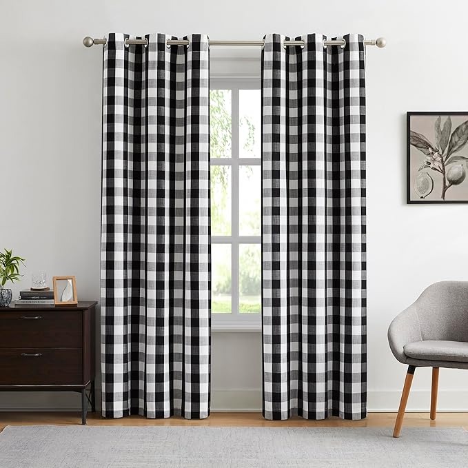 Amzdecor Buffalo Check Plaid Full Blackout Window Curtains 95 Inches Long for Bedroom Noise Reducing Total Room Darkening Grommet Drapes,Vintage Farmhouse Window Treatment,2 Panels,40"x95",Black White