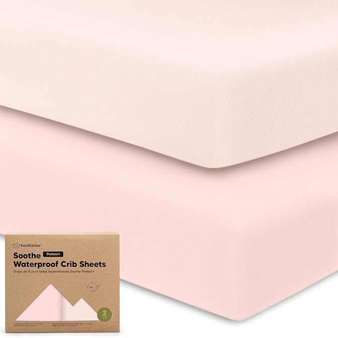 2-Pack Waterproof Crib Sheets for Boys, Girls - 52x28 Fitted Organic Cotton Baby Crib Sheets, Toddler Mattress Protector Cover, Washable, Soft & Durable Baby Bedding Essentials (Mist Rose)