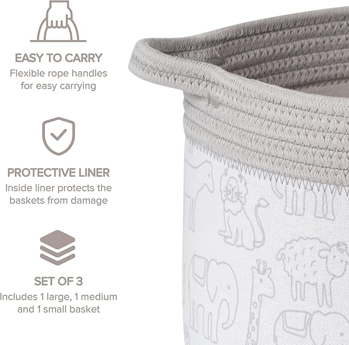RGI Home Decorative Storage Baskets with Zoo Animal Prints, Set of 3 Round Fabric Rope and Linen Bins for Nursery or Playroom Organization, Multi-Sized with Easy-Carry Handles, Vapor Blue and White