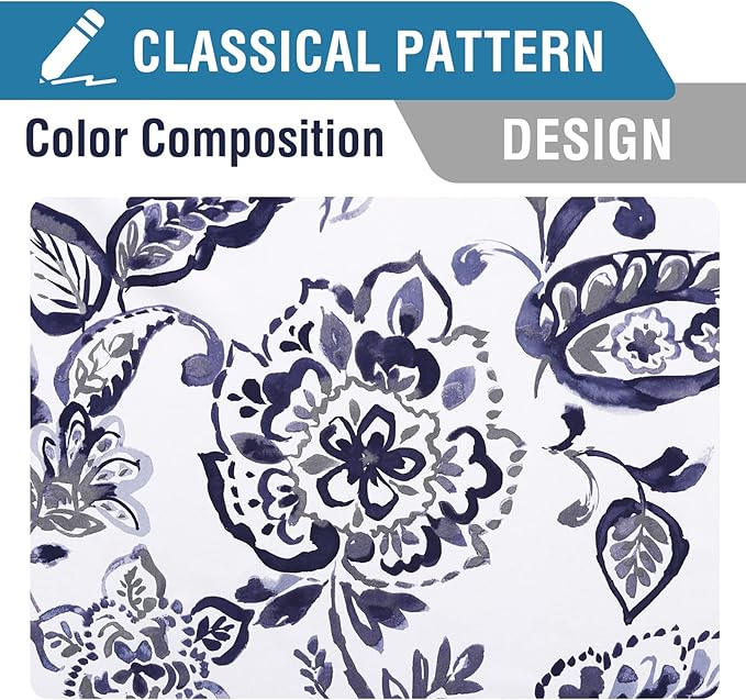 H.VERSAILTEX 100% Blackout Curtains for Bedroom Paisley Floral Printed Curtains 63 Inches Long Grommet Curtains & Drapes Thermal Curtains Window Treatments with Black Liner 2 Panels, Navy