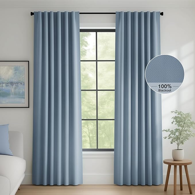 FMFUNCTEX 100% Blackout Curtains for Bedroom, Slate Blue Back Tab Curtain 90 Inches Long Drapery Thermal Insulated Curtains for Living Room, Black Out Drapes Rod Pocket Room Darkening 2 Panels