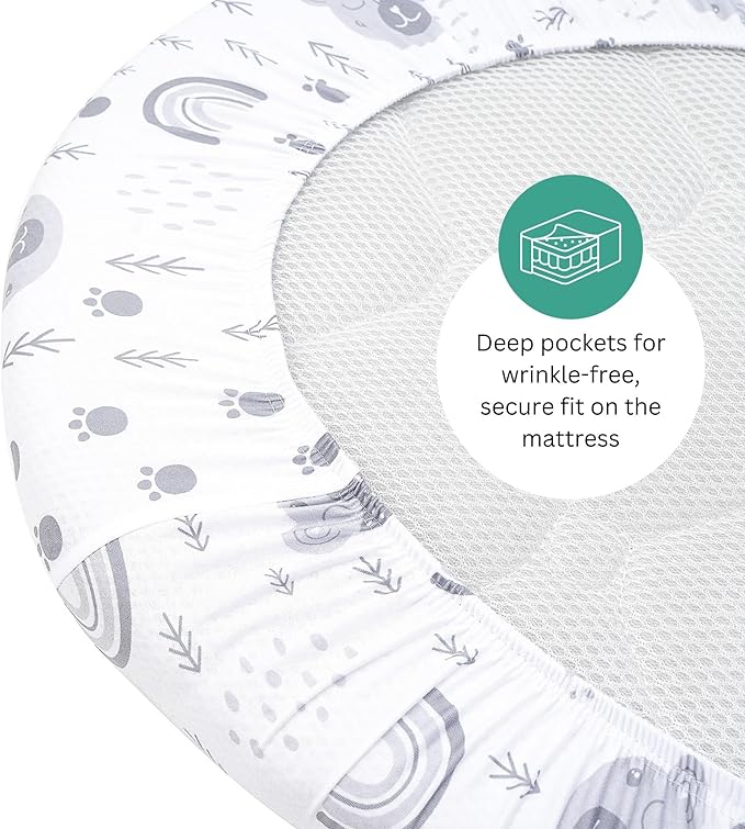 Bassinet Sheets for Baby Delight Beside Me Dreamer, Ronbei, HARPPA, Jimglo, Whiffee by TansyPanda, MUHDUH, 3PC, 33x20 in, Ultra Soft, Breathable Snug Fit, Unisex Boys Girls, Gray (Woodland Rainbow)