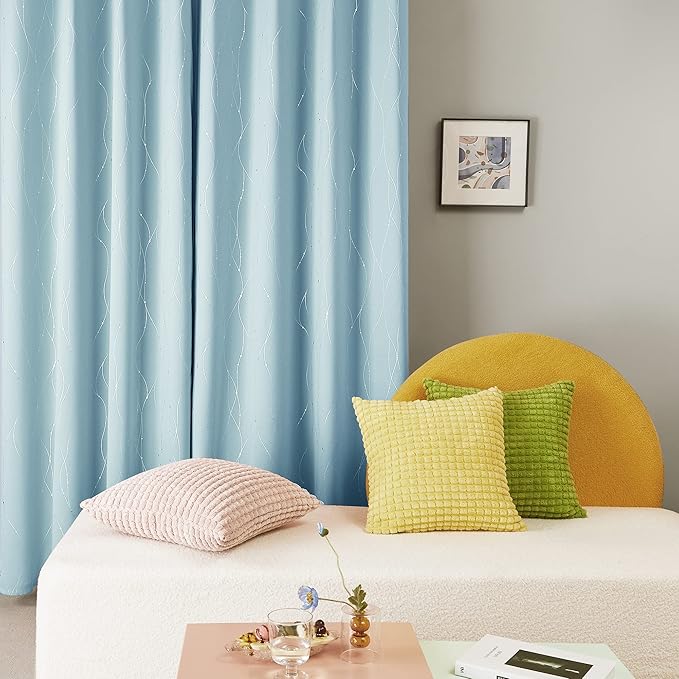 Deconovo Blackout Curtains, Thermal Insulated Soundproof Grommet Drapes, Wave Dot Foil Print, 52 x 108 Inch, Set of 2, Machine Washable Window Panel for Bedroom Living Room Nursery Kitchen, Light Blue