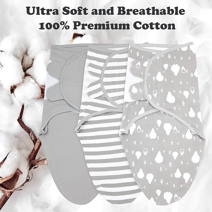 Bublo Baby Swaddles for Newborns – 3-Pack Infant Swaddles 3-6 Months – Adjustable Swaddle Sleep Sack – Soft Organic Cotton Baby Wrap for Safe & Cozy Sleep (White Grey)