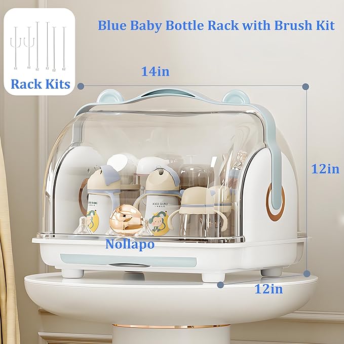 Nollapo Transparent Baby Bottle Drying Rack with Double Lid and Removable Drain Tray Dust-Proof Baby Bottle Storage Box, Space Saving Baby Bottle Rack Dryer (Blue - Large)