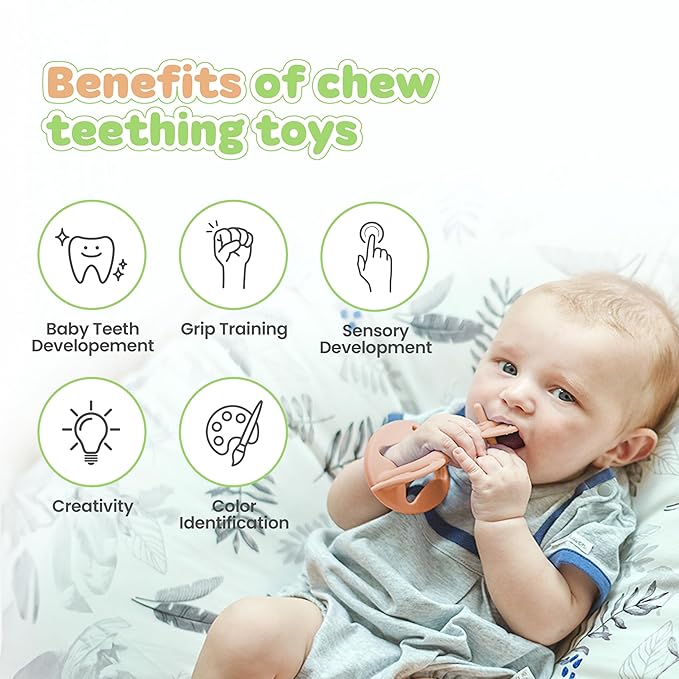 MOYUUM Wrist Teether Gift Set 100% Silicone, Wearable Type Baby Chew Toy Baby Gift for Newborn Roly Poly Toy Silicone Teething Toys for Infant and Toddler Bracelet Type (Star Coral Beige, Pony Yellow)
