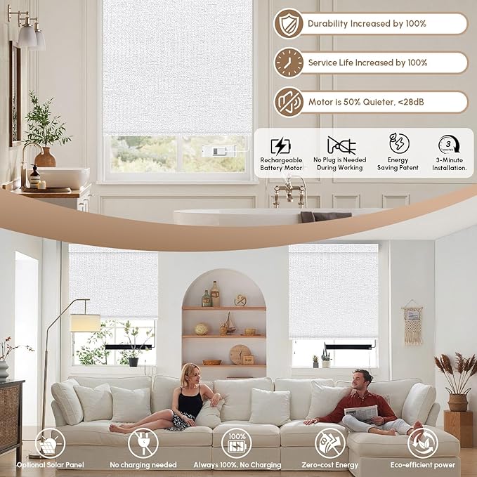 Kincmo No Drill Motorized Blinds with Remote, 100% Blackout Roller Shades for Windows, Custom Electric Blinds Compatible with Alexa, Apple Homekit, Google Home (100% Blackout Starscape White)